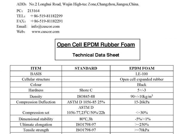 Open cell EPDM technical data sheets