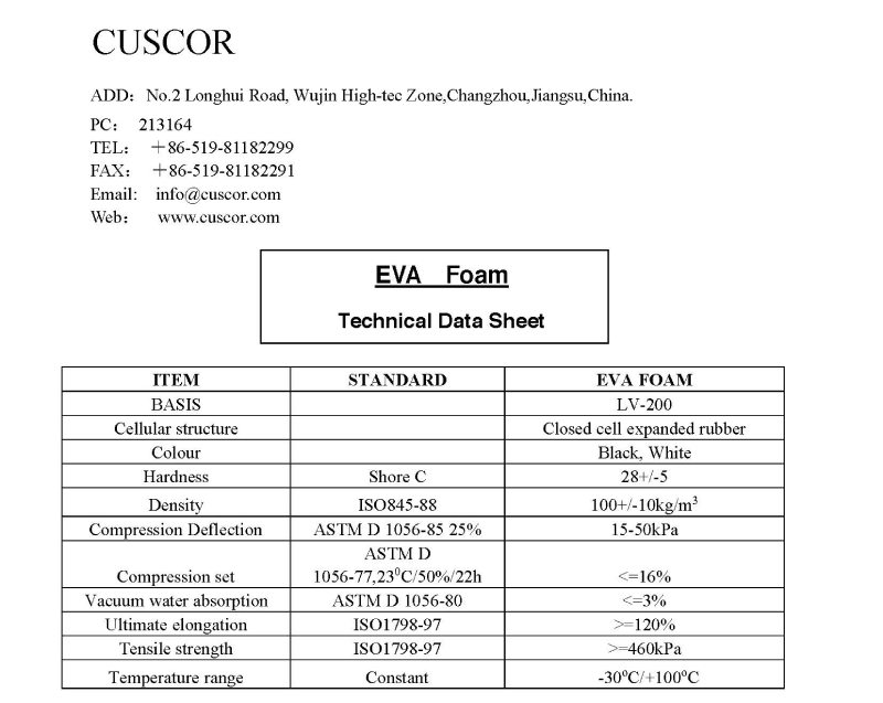EVA foam technical data sheets